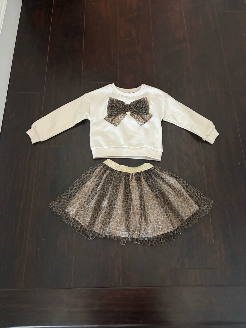 Kids Headquarters 3T Leopard Tutu Skirt & Bow Sweatshirt 2-Piece Outfit